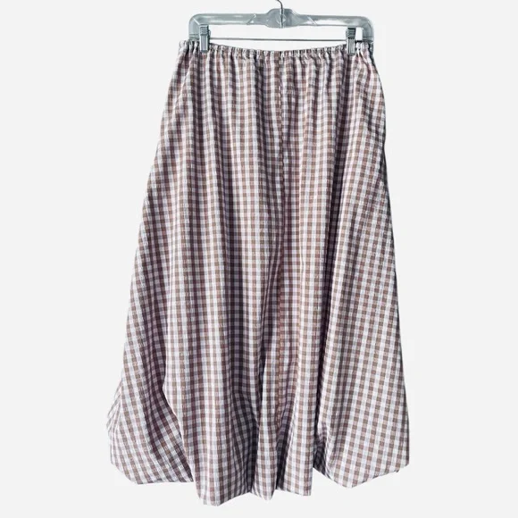 Emerson Lang Gingham Bubble Hem Midi Skirt Medium Beige White - Picture 5 of 7
